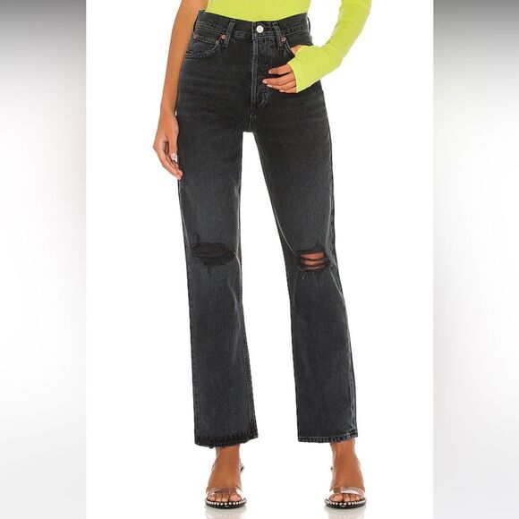 AGOLDE 90s Pinch Waist High Black Straight Leg Button Fly Jeans Women’s sz 24 - Picture 1 of 8